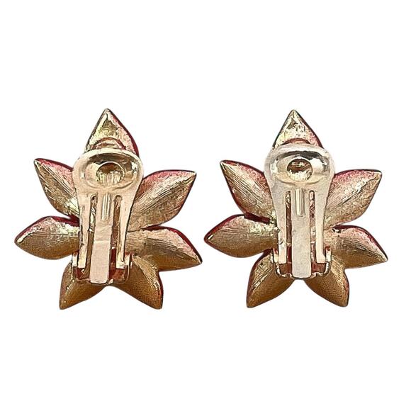 Gold Plate Red Enamel Amber Rhinestone Christmas Poinsettia Flower Clip Earrings - Picture 2 of 3